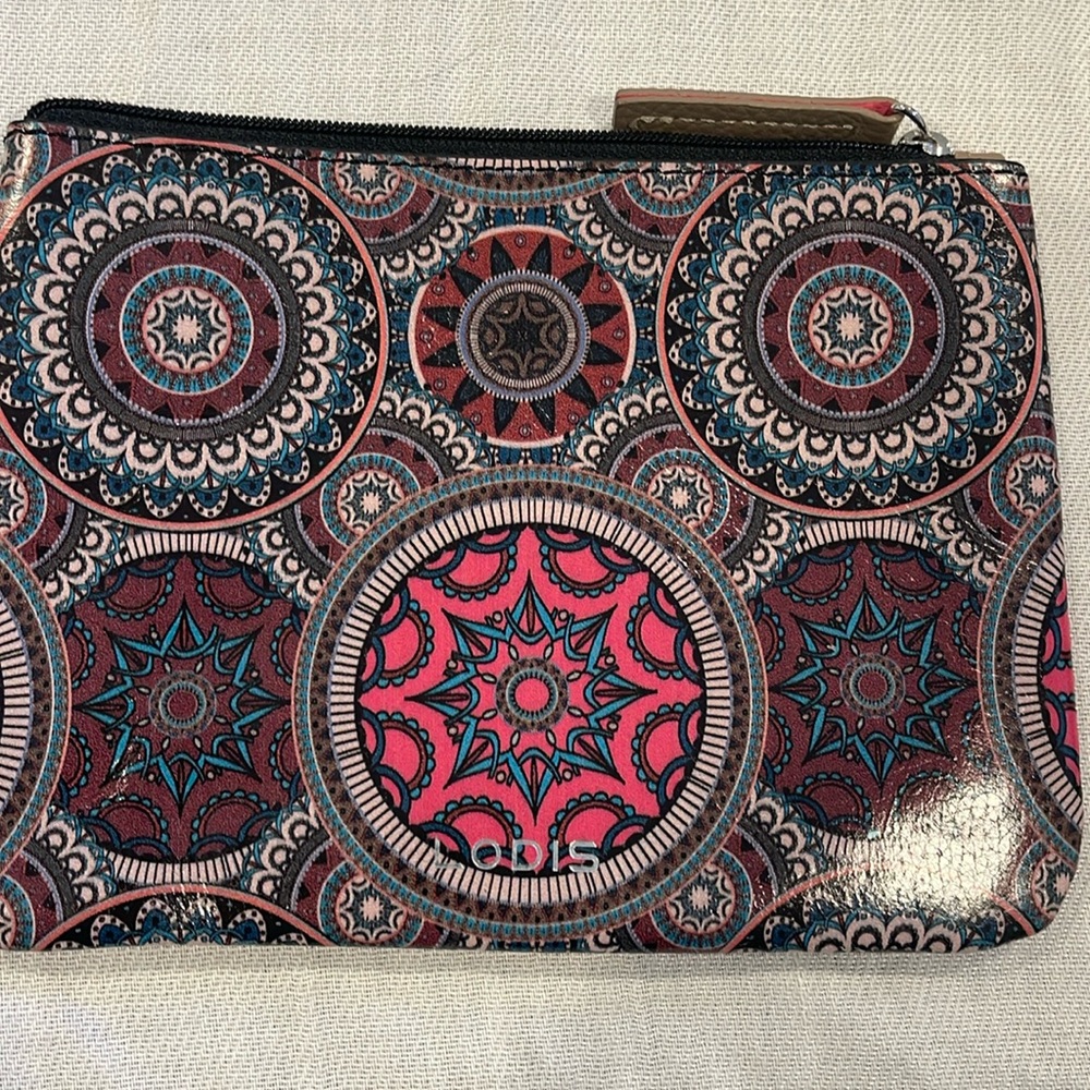 NWOT-LODIS Floral Makeup Wristlet Waxed Leather Womens Bag Pouch BOHO